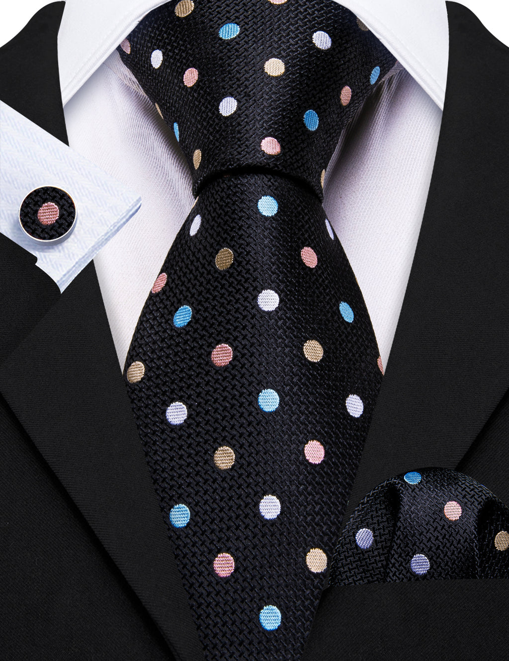 Black Colorful Polka Dots Silk Tie, Pocket Square and Cufflinks Set tie sets    - Sophisticated Gentlemen