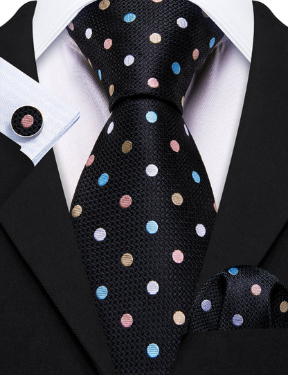 Black Colorful Polka Dots Silk Tie, Pocket Square and Cufflinks Set tie sets    - Sophisticated Gentlemen
