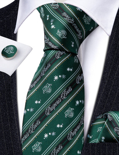 Dark Green Floral Striped Silk Tie, Pocket Square and Cufflinks Set tie sets    - Sophisticated Gentlemen