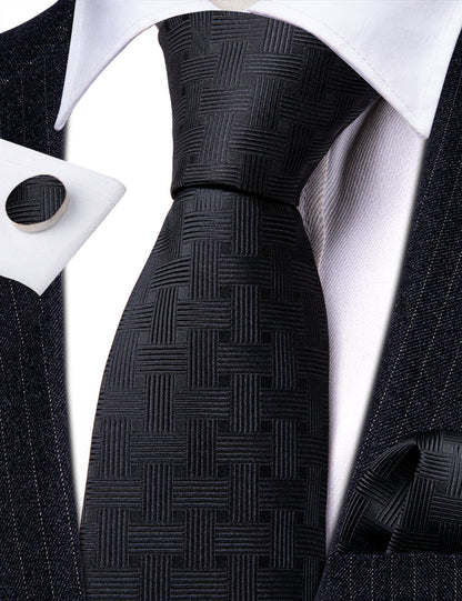 Black Striped Silk Tie, Pocket Square and Cufflinks Set tie sets    - Sophisticated Gentlemen