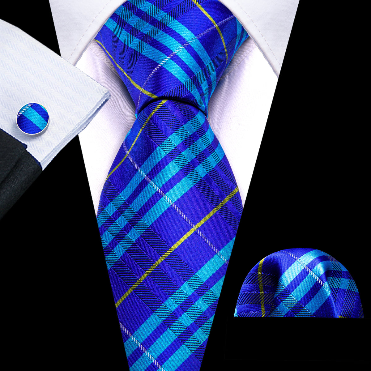 Bright Blue Striped Silk Tie, Pocket Square and Cufflinks Set tie sets    - Sophisticated Gentlemen