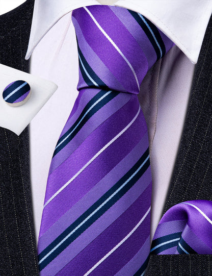 Purple White Striped Silk Tie, Pocket Square and Cufflinks Set tie sets    - Sophisticated Gentlemen