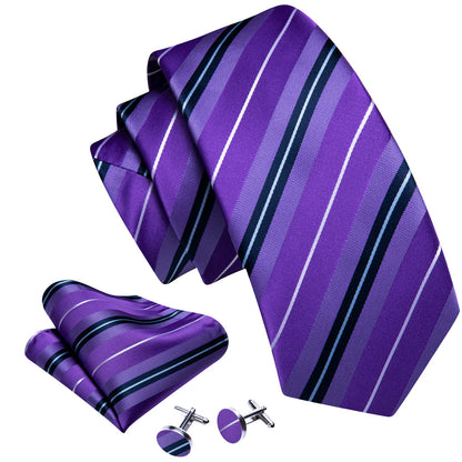 Purple White Striped Silk Tie, Pocket Square and Cufflinks Set tie sets    - Sophisticated Gentlemen