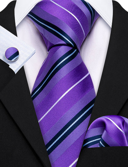 Purple White Striped Silk Tie, Pocket Square and Cufflinks Set tie sets    - Sophisticated Gentlemen
