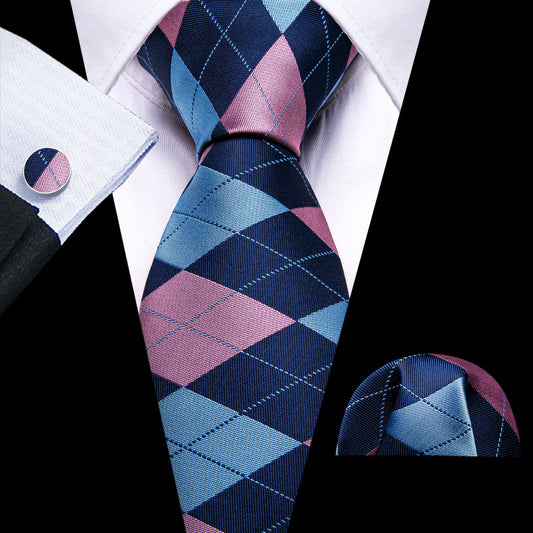 Blue Pink Plaid Tie, Pocket Square and Cufflinks Set tie sets    - Sophisticated Gentlemen