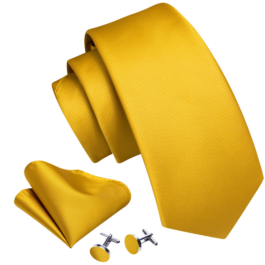Gold Yellow Solid Silk Tie, Pocket Square and Cufflinks Set tie sets    - Sophisticated Gentlemen