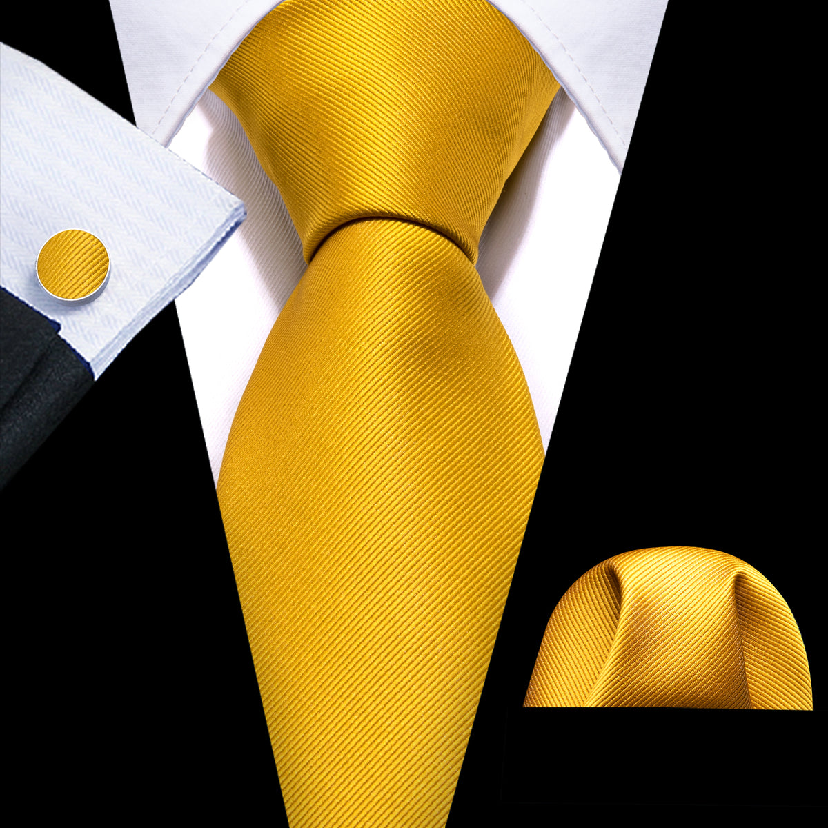 Gold Yellow Solid Silk Tie, Pocket Square and Cufflinks Set tie sets    - Sophisticated Gentlemen