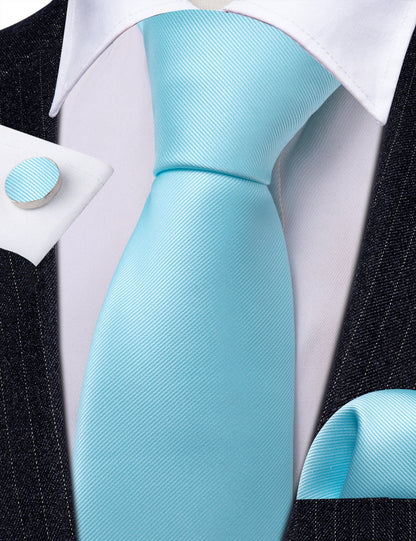 Sky Blue Solid Silk Tie, Pocket Square and Cufflinks Set tie sets    - Sophisticated Gentlemen