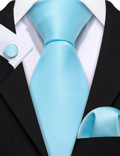 Sky Blue Solid Silk Tie, Pocket Square and Cufflinks Set tie sets    - Sophisticated Gentlemen