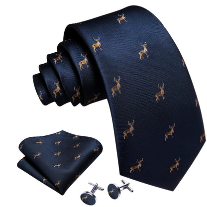 Deep Blue Deer Floral Silk Tie, Pocket Square and Cufflinks Set tie sets    - Sophisticated Gentlemen