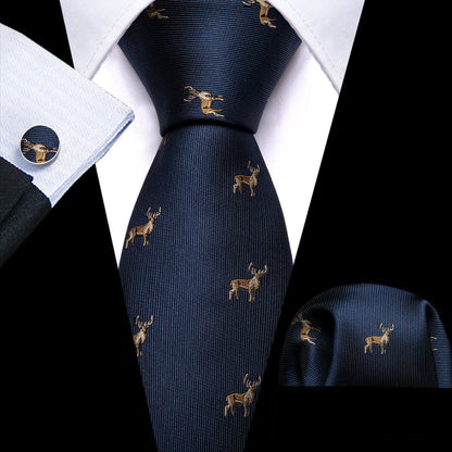 Deep Blue Deer Floral Silk Tie, Pocket Square and Cufflinks Set tie sets    - Sophisticated Gentlemen