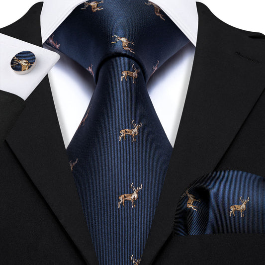 Deep Blue Deer Floral Silk Tie, Pocket Square and Cufflinks Set tie sets    - Sophisticated Gentlemen