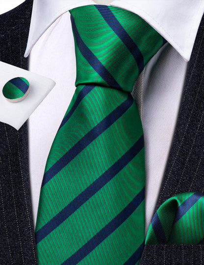 Forest Green Blue Striped Silk Tie, Pocket Square and Cufflinks Set tie sets    - Sophisticated Gentlemen