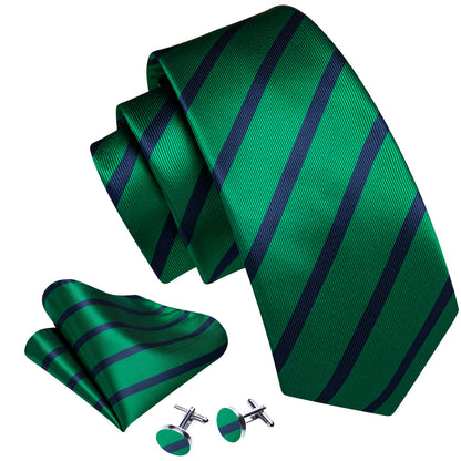 Forest Green Blue Striped Silk Tie, Pocket Square and Cufflinks Set tie sets    - Sophisticated Gentlemen