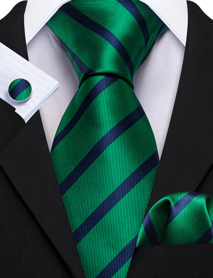 Forest Green Blue Striped Silk Tie, Pocket Square and Cufflinks Set tie sets    - Sophisticated Gentlemen