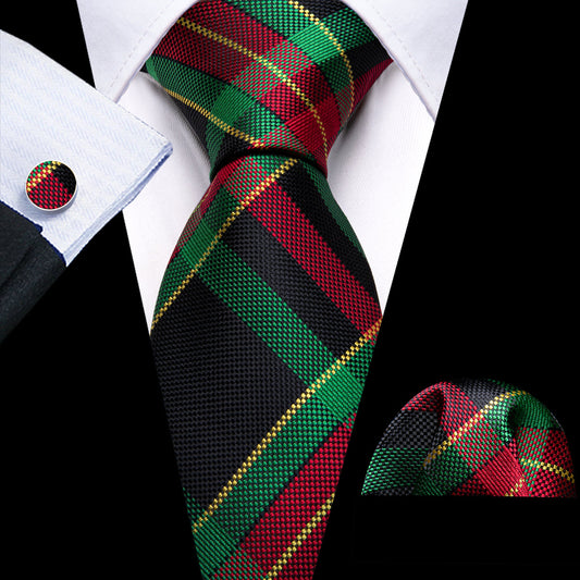 Green and Red Scottish Plaid Woven Tie, Pocket Square, and Cufflinks Set tie sets    - Sophisticated Gentlemen