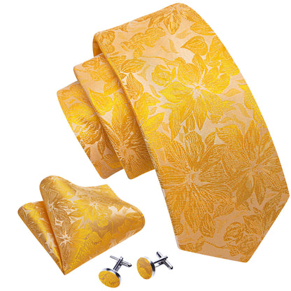 Gold Yellow Floral Tie, Pocket Square and Cufflinks Set tie sets    - Sophisticated Gentlemen