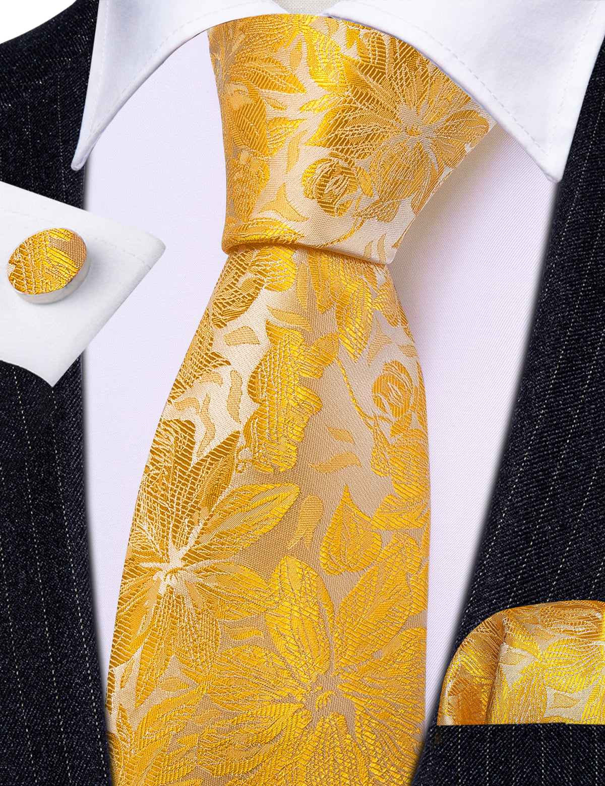 Gold Yellow Floral Tie, Pocket Square and Cufflinks Set tie sets    - Sophisticated Gentlemen
