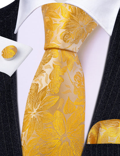Gold Yellow Floral Tie, Pocket Square and Cufflinks Set tie sets    - Sophisticated Gentlemen