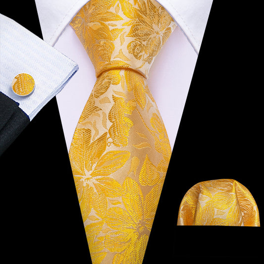 Gold Yellow Floral Tie, Pocket Square and Cufflinks Set tie sets    - Sophisticated Gentlemen