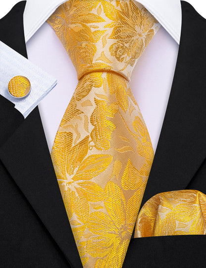 Gold Yellow Floral Tie, Pocket Square and Cufflinks Set tie sets    - Sophisticated Gentlemen