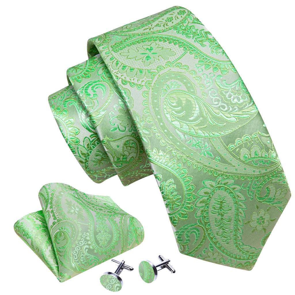 Light Green Paisley Silk Tie, Pocket Square and Cufflinks Set tie sets    - Sophisticated Gentlemen