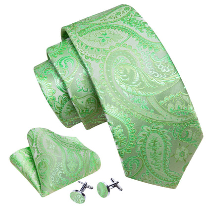 Light Green Paisley Silk Tie, Pocket Square and Cufflinks Set tie sets    - Sophisticated Gentlemen