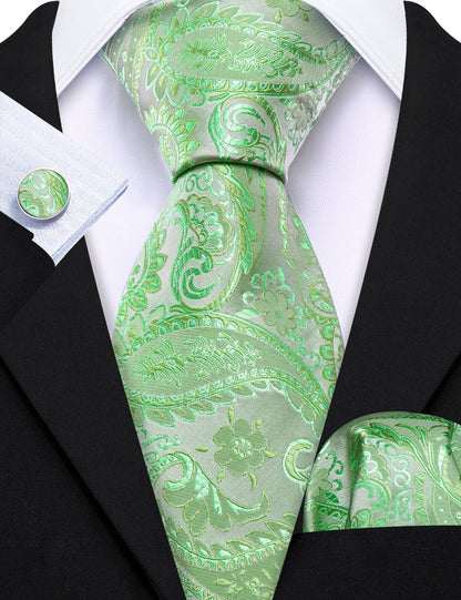 Light Green Paisley Silk Tie, Pocket Square and Cufflinks Set tie sets    - Sophisticated Gentlemen