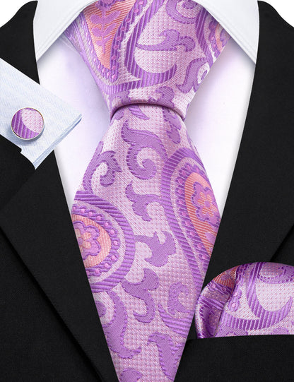 Lavender Purple Pink Paisley Silk Tie, Pocket Square and Cufflinks Set tie sets    - Sophisticated Gentlemen