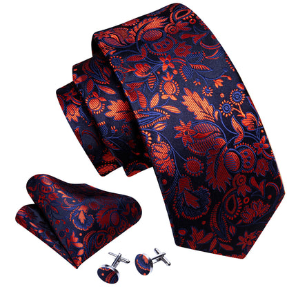 Blue Orange Floral Tie, Pocket Square and Cufflinks Set tie sets    - Sophisticated Gentlemen
