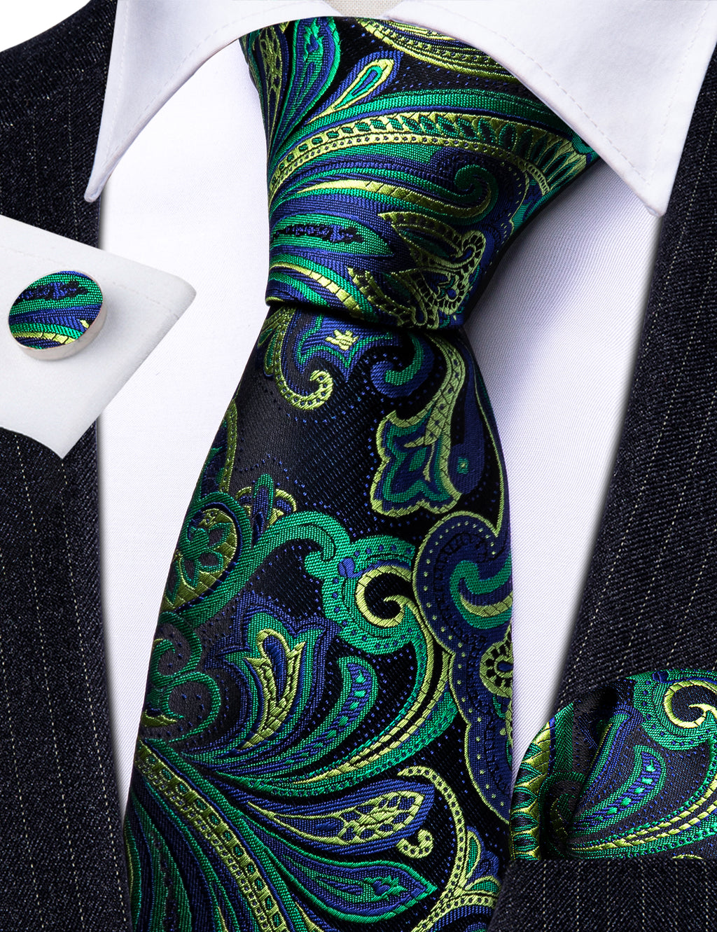 Blue Green Paisley Silk Tie, Pocket Square and Cufflinks Set tie sets    - Sophisticated Gentlemen