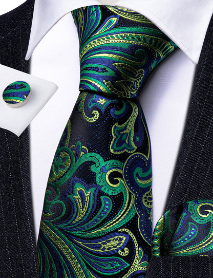 Blue Green Paisley Silk Tie, Pocket Square and Cufflinks Set tie sets    - Sophisticated Gentlemen