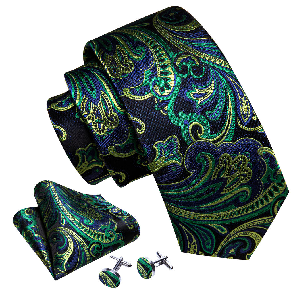 Blue Green Paisley Silk Tie, Pocket Square and Cufflinks Set tie sets    - Sophisticated Gentlemen