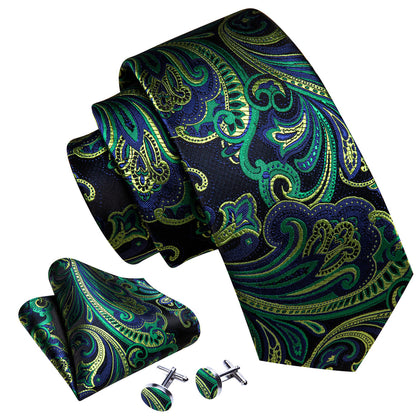 Blue Green Paisley Silk Tie, Pocket Square and Cufflinks Set tie sets    - Sophisticated Gentlemen