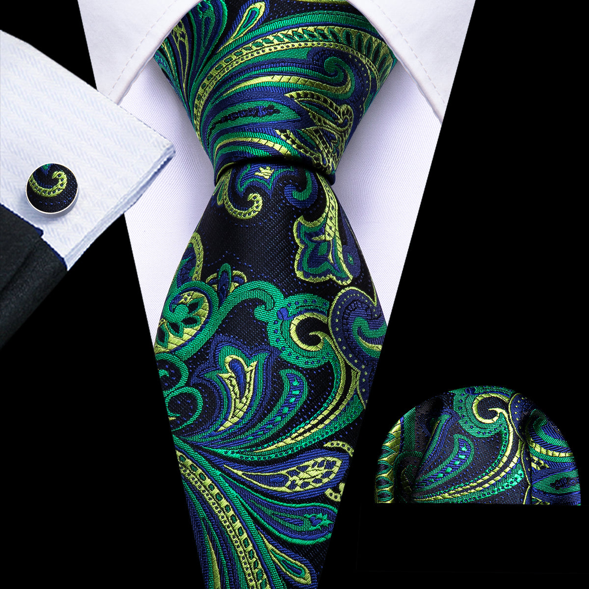 Blue Green Paisley Silk Tie, Pocket Square and Cufflinks Set tie sets    - Sophisticated Gentlemen