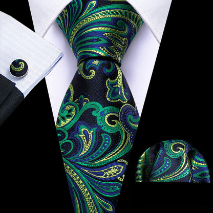 Blue Green Paisley Silk Tie, Pocket Square and Cufflinks Set tie sets    - Sophisticated Gentlemen