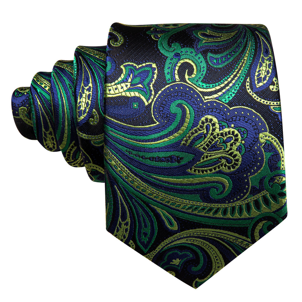 Blue Green Paisley Silk Tie, Pocket Square and Cufflinks Set tie sets    - Sophisticated Gentlemen