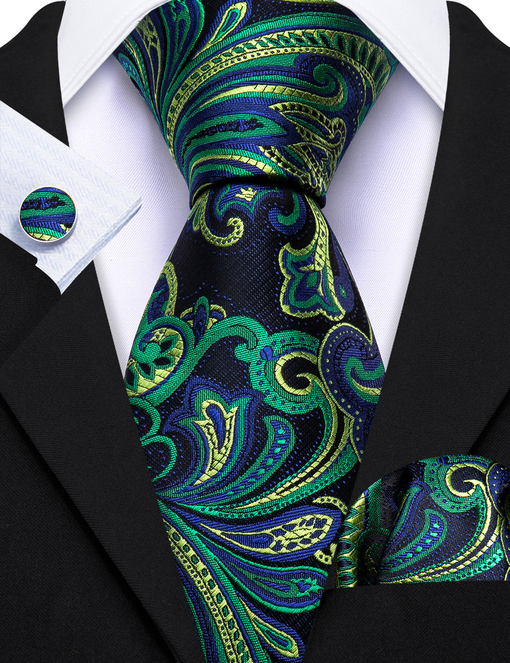 Blue Green Paisley Silk Tie, Pocket Square and Cufflinks Set tie sets    - Sophisticated Gentlemen