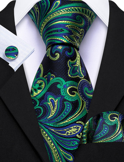 Blue Green Paisley Silk Tie, Pocket Square and Cufflinks Set tie sets    - Sophisticated Gentlemen