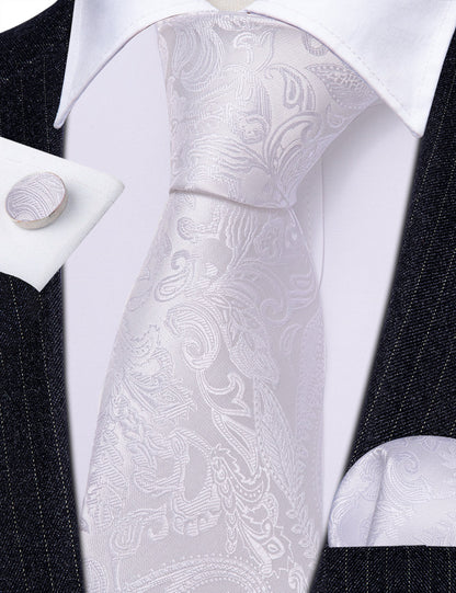 White Paisley Jacquard Silk Tie, Pocket Square and Cufflinks Set tie sets    - Sophisticated Gentlemen
