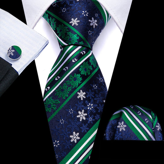 Teal & Sapphire Christmas Snowflake Silk Tie, Pocket Square, and Cufflinks Set tie sets - Sophisticated Gentlemen