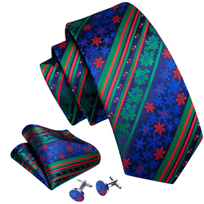 Teal & Forest Green Christmas Striped Floral Tie, Pocket Square, and Cufflinks Set tie sets - Sophisticated Gentlemen