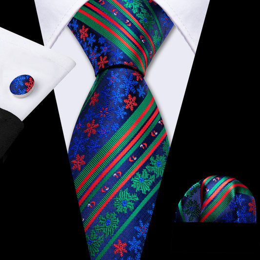 Teal & Forest Green Christmas Striped Floral Tie, Pocket Square, and Cufflinks Set tie sets - Sophisticated Gentlemen
