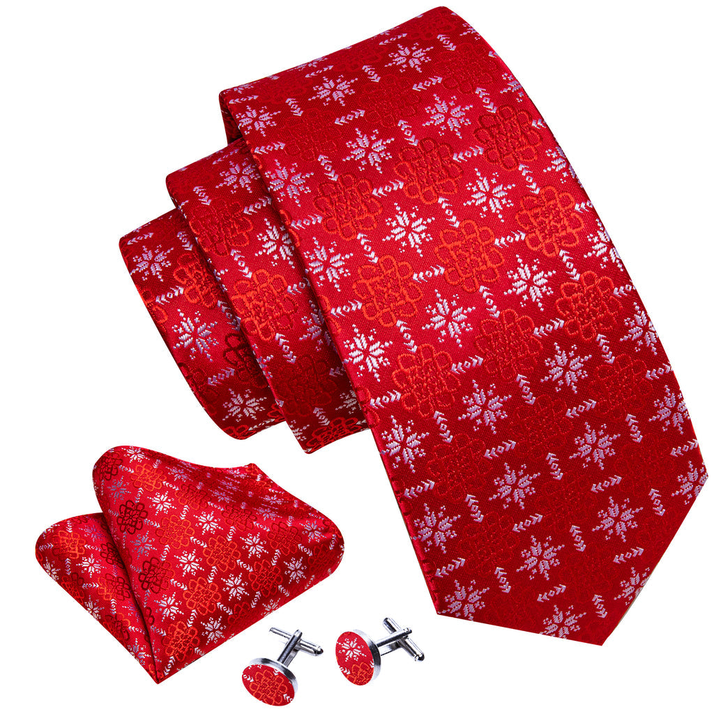 Crimson Snowflake Christmas Silk Tie, Pocket Square, and Cufflinks Set tie sets - Sophisticated Gentlemen