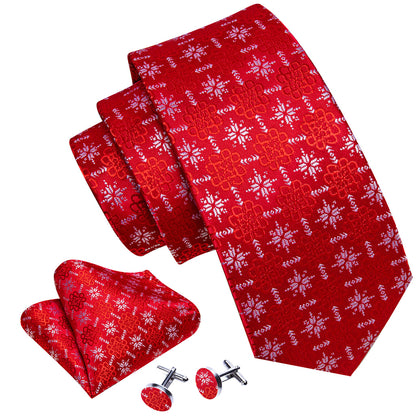 Crimson Snowflake Christmas Silk Tie, Pocket Square, and Cufflinks Set tie sets - Sophisticated Gentlemen
