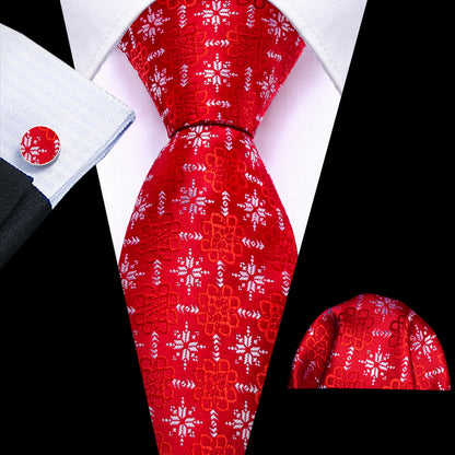 Crimson Snowflake Christmas Silk Tie, Pocket Square, and Cufflinks Set tie sets - Sophisticated Gentlemen
