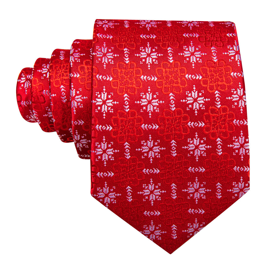 Crimson Snowflake Christmas Silk Tie, Pocket Square, and Cufflinks Set tie sets - Sophisticated Gentlemen