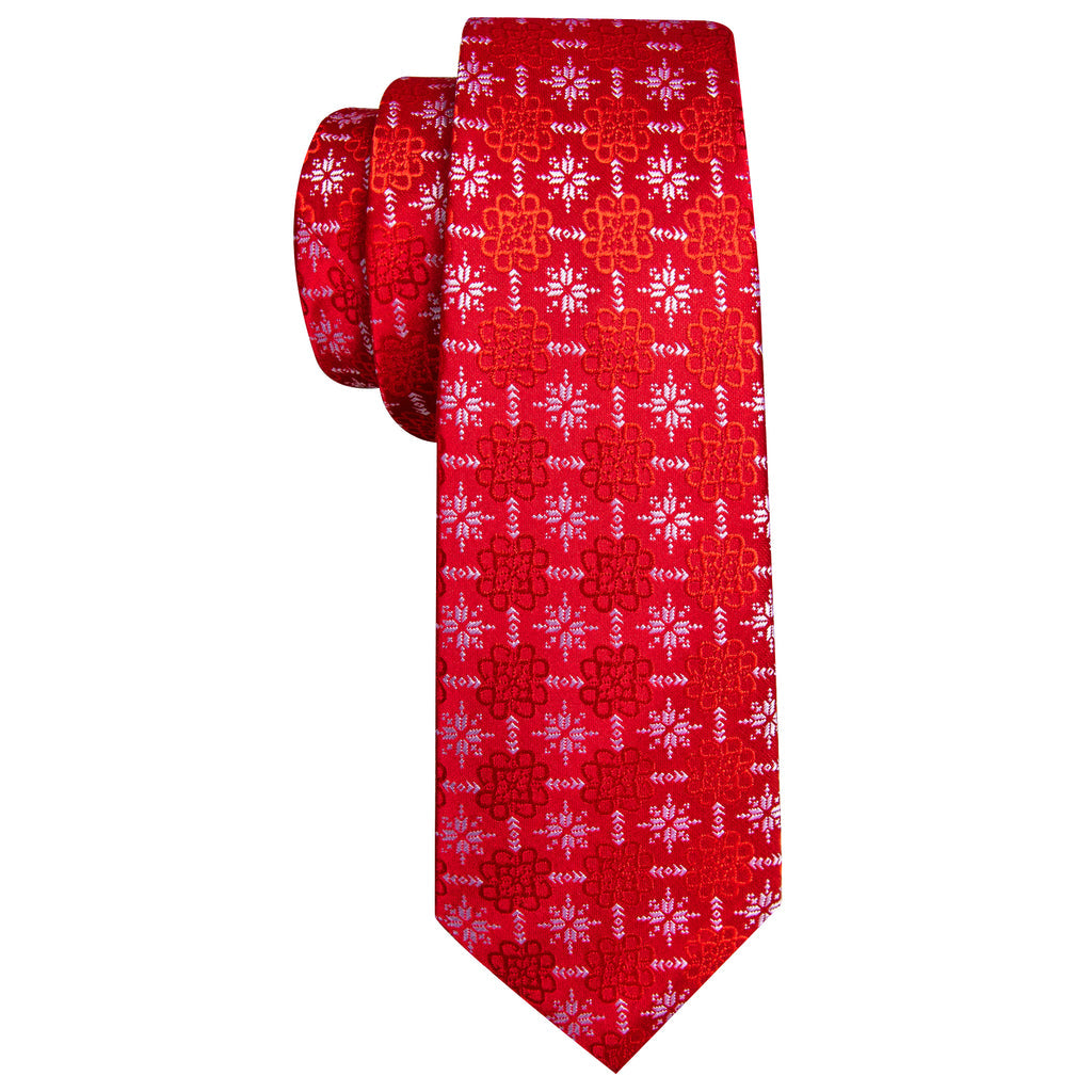 Crimson Snowflake Christmas Silk Tie, Pocket Square, and Cufflinks Set tie sets - Sophisticated Gentlemen