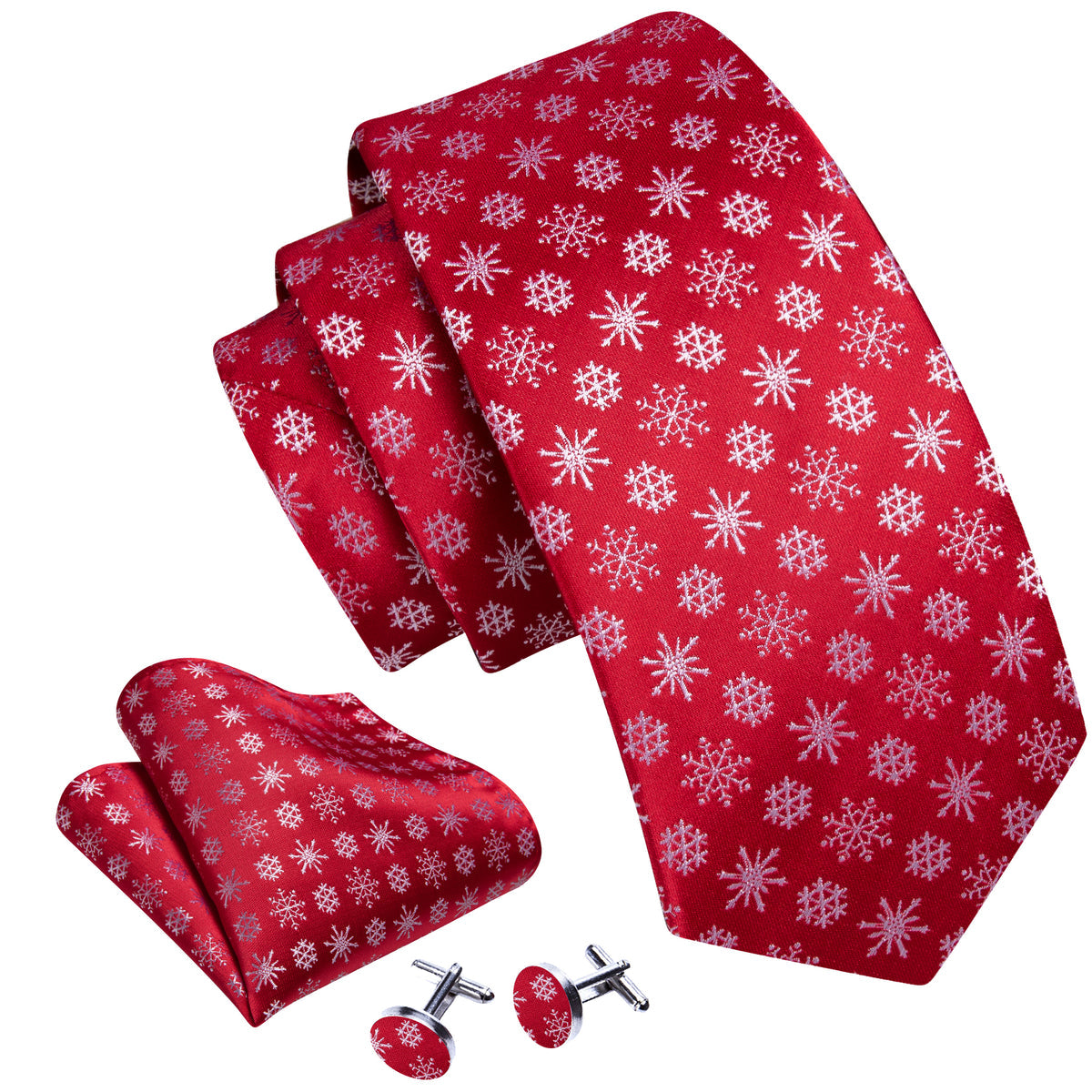Crimson & White Snowflake Christmas Tie, Pocket Square, and Cufflinks Set tie sets - Sophisticated Gentlemen