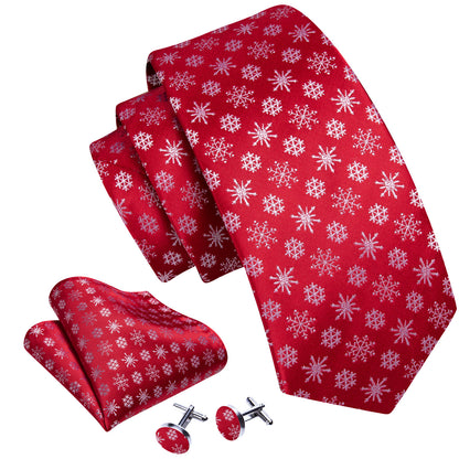 Crimson & White Snowflake Christmas Tie, Pocket Square, and Cufflinks Set tie sets - Sophisticated Gentlemen